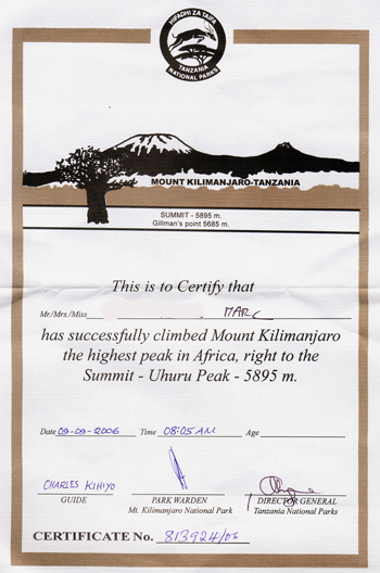 diplome ascension kili
